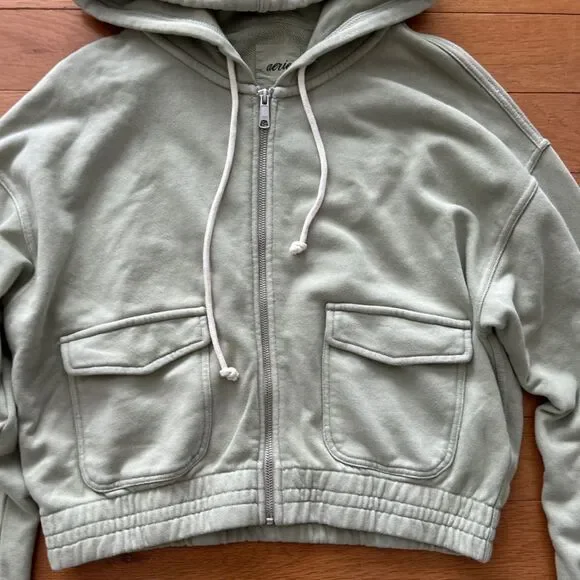 NWT Aerie Cropped Full Zip Light Green Hoodie Women’s Size M - Picture 5 of 10
